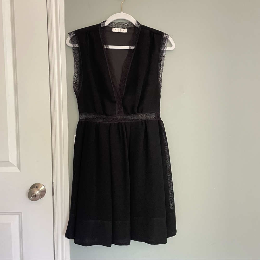 Sandro Paris Black Cocktail Plunging V-Neck Lace Trim Mini Fancy Party Dress